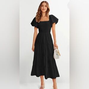 Elegant Black Midi Dress with Puffy Sleeves
